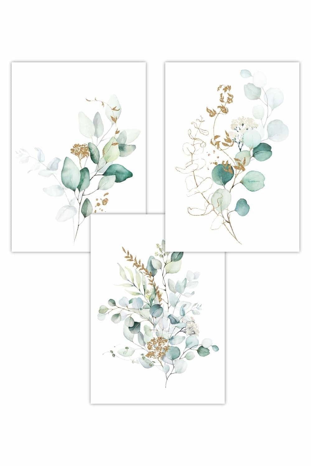 Set of 3 Green Blue Watercolour Eucalyptus Set 1 Art Posters